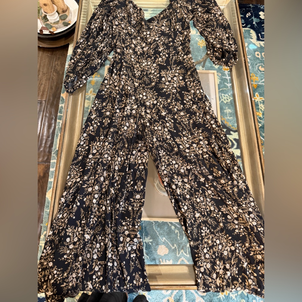 Dress Forum Black Floral Wide-Leg Jumpsuit with Cream Print